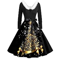 Women's Christmas Dresses Casual and Fashionable Long Sleeved V-Neck Print Matching Zipper Dress, S-2XL