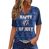 Funny 4Th of July Shirts Women Henley Patriotic Tees Trendy V Neck Button Tshirts Short Sleeve Loose Fit Blouses
