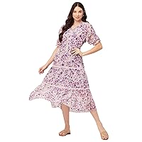 Women’s Printed Tiered Dress V Neck Elbow Sleeves Poly Georgette Dress