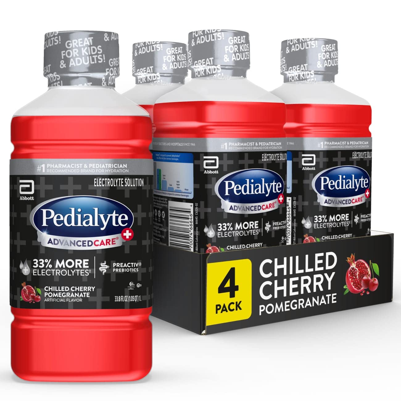 Pedialyte AdvancedCare Plus Electrolyte Drink, With 33% More Electrolytes and has PreActiv Prebiotics, Chilled Cherry Pomegranate 33.8 Fl Oz (Pack of 4)