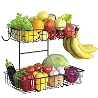 2 Tier Fruit Vegetables Basket with 2 Banana Hangers, Kitchen Counter Metal Wire Storage Basket Fruits Stand Holder Organizer for Fruit Bread Snack Veggies Produce