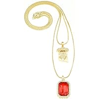 Ruby Red Square Stone and Jesus Two Necklace Set with Box Link Chains