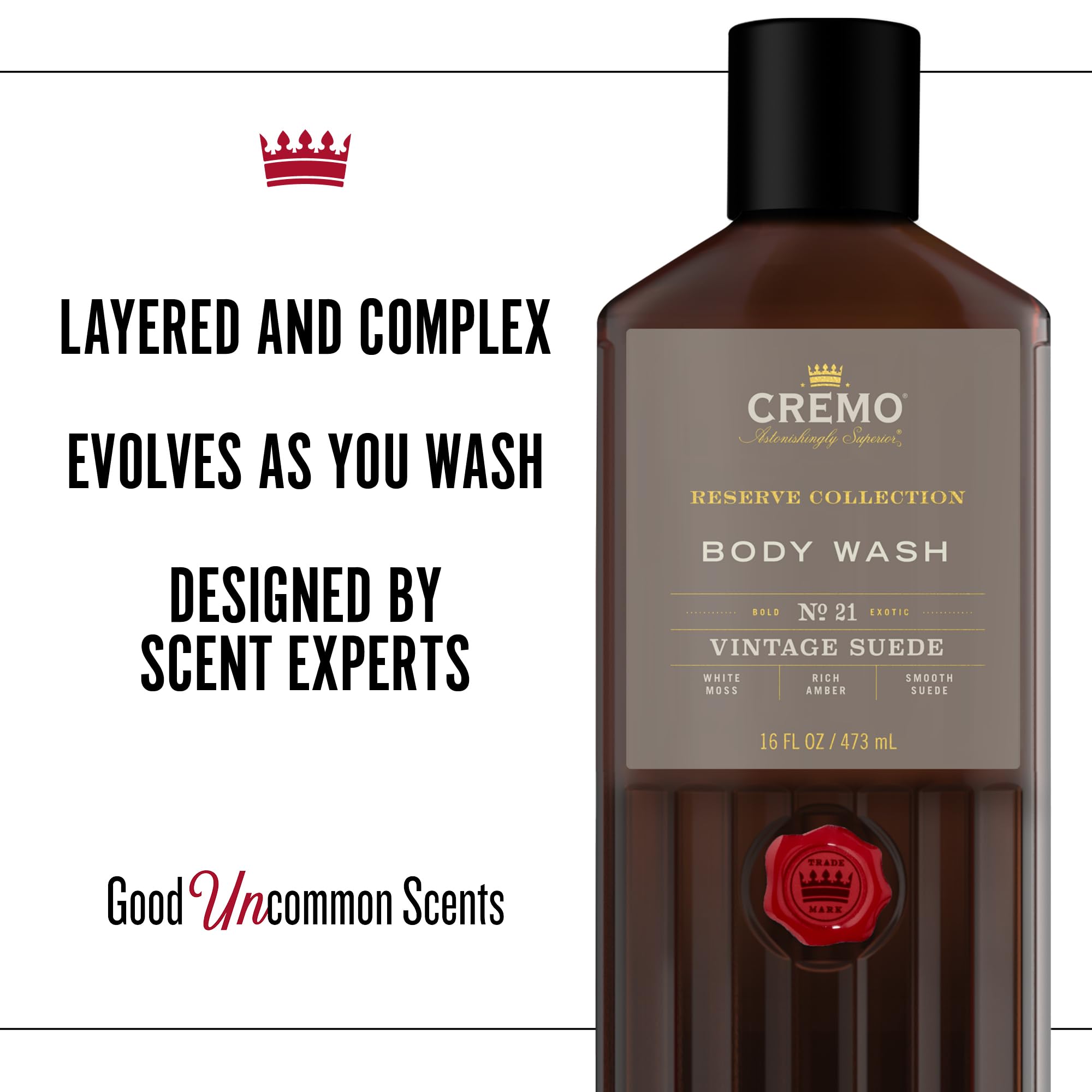 Cremo Rich-Lathering Vintage Suede Body Wash, A Vintage Suede with Notes of White Moss and Rich Amber, 16 Fl Oz
