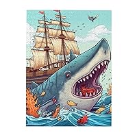 500 Piece Puzzle - Cartoon Fish Eating Ship in Ocean Sea Puzzles for Adults Challenging Jigsaw Puzzle Personalized Picture Puzzle Wooden Jigsaw Puzzles 20.4