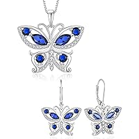 Butterfly Jewelry Set-925 Sterling Silver Pendant Necklace Butterfly Dangle Earrings with Birthstone Created Sapphire