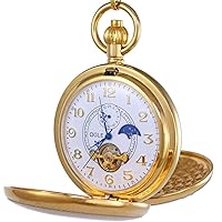 Vintage Copper Double Cover Tourbillon Phases Moon Chain Fob Self Winding Automatic Mechanical Pocket Watch/Gold Dial