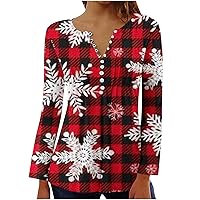 Womens Christmas Snowflake Print T-Shirt Plus Size Button Up Tunic Tops Casual Long Sleeve Pleated Henley Shirts