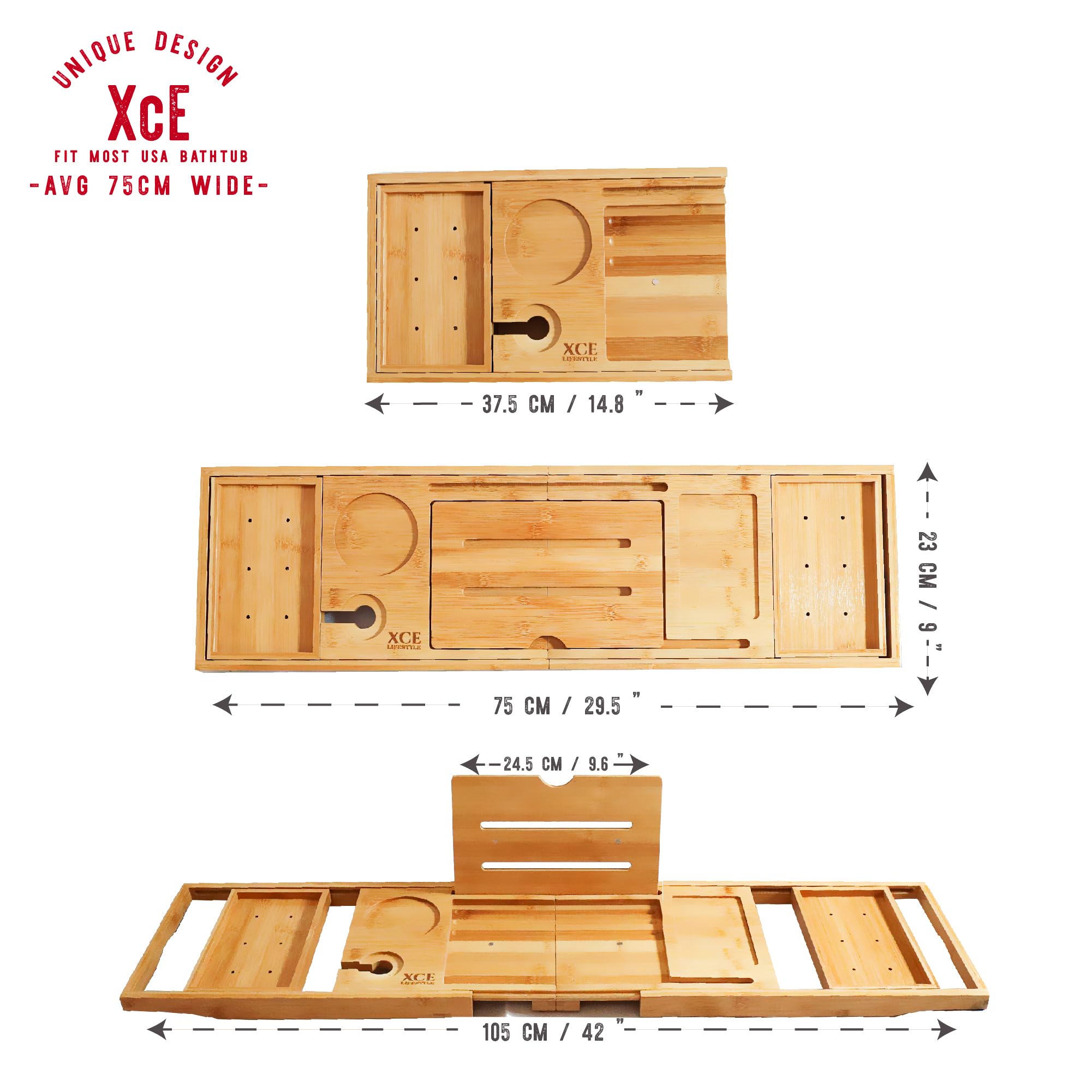 XcE Foldable Bathtub Tray Expandable to 105cm for Luxury Bath, Bath Tray for Bathtub, Natural