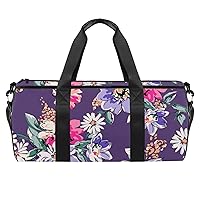 Aesthetic Sketched Flower Print in Purple Kids Sports Gym Duffel Bag, Small Durable Travel Luggage Handbag For Men Women, Lightweight Shoulder Bag