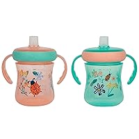 Soft Spout Sippy Cup - Toddler Trainer Cup for 6+ Months -with Handles and Leak Proof Lid - 7 Oz - Floral Ladybug Print - 2 Count