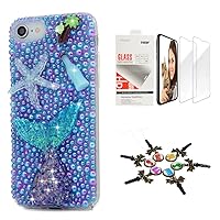 STENES Bling Case Compatible with iPhone 5/5S/SE - Stylish - 3D Handmade [Sparkle Series] Starfish Coconut Tree Mermaid Tail Design Cover with Screen Protector [2 Pack] - Blue