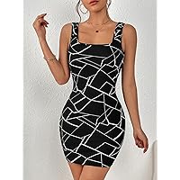 Women's Dress Geo Print Square Neck Bodycon Dress (Color : Black and White, Size : X-Small)