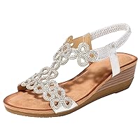 BIGTREE Low-Wedge Sandals for Women Open-Toe Glitter Rhinestones with Ankle-Strap
