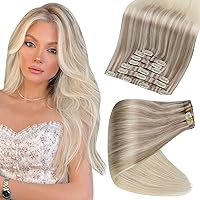 Full Shine Seamless Clip in Hair Extensions Blonde Human Hair 22 Inch 8Pcs Clip in Human Hair Extensions 120 Grams Balayage Ash Blonde Real Hair Clip in Extensions Layered Hair Ends Pu Weft