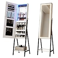 Vlsrka Mirror Jewelry Cabinet Standing with LED, Jewelry Mirror Full Length with Built-in Makeup Mirror & Lights, Large Jewelry Armoire Cabinet for Earrings Necklaces Cosmetic (White)