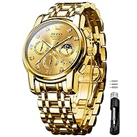 OLEVS Men's Watches Gold Blue Gifts Stainless Steel Watch Waterproof Luminous Casual Elegant Men with Diamond Face Business Quartz Wrist Watch