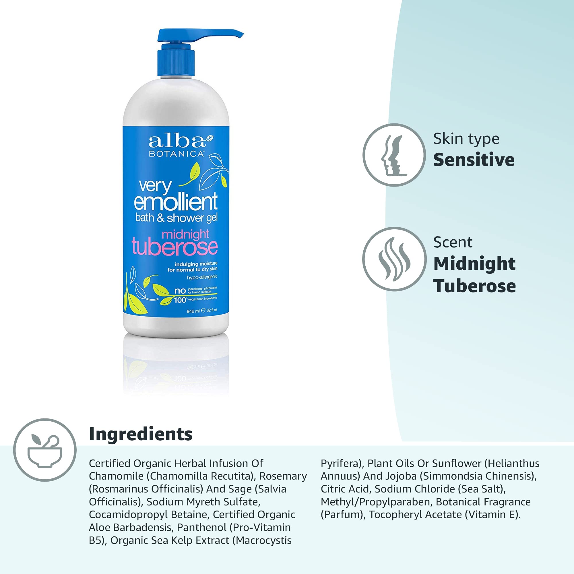 Alba Botanica Very Emollient Bath & Shower Gel, Midnight Tuberose, 32 Oz