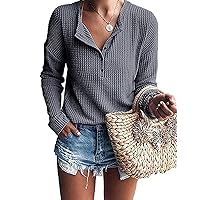 WNEEDU Women's Waffle Knit Tunic Tops Loose Long Sleeve Button Up V Neck Henley Shirts