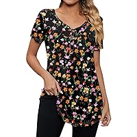 Floral Tops for Women 2024 Summer Bohemian Casual Pretty Fashion with Short Sleeve Button Neck Ruched Shirts