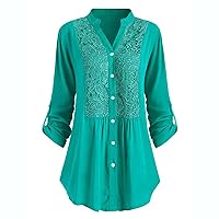 Plus Size Women Lace Flower Button Down Tunic Tops Long Sleeve Stand Collar Curved Hem Shirts Casual Solid Blouses