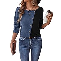 WDIRARA Women's Two Tone Button Front Round Neck Long Sleeve Tee Colorblock T Shirt