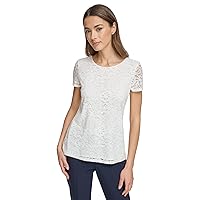 Tommy Hilfiger Lace Scoop Neck Short Sleeve Woven Top Blouse Womens