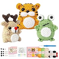 Crochet Animal Kit for Beginners, 3pcs/Set Animals Crochet Kit with Step-by-Step Video, Crochet Starter Kit for Kids Adults (Elk/Tiger/Frog)