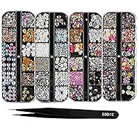 4 Boxes 12 Grids Nail Art Rhinestones + 1 PC Dotting Pen + 1 PC Straight Tweezer Tool Kits Nail Art Rhinestones Studs