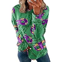 Women's Mardi Gras Sweatshirt Fashion Casual Mask Print Round Neck Pullover Long Sleeve Top Outfit, S-3XL