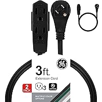 GE 3-Outlet Flat Extension Cord 3 Ft Grounded Extension Cord with Multiple Outlets 3 Prong Outlet Extender Flat Plug Power Strip Indoor Extension Cord 16 Gauge UL Listed 2 Pack Black 69884