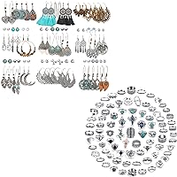 17 MILE 82 Pcs Silver Vintage Rings Set and 45 Pairs Silver Bohemian Dangle Earrings Set for Women Girls