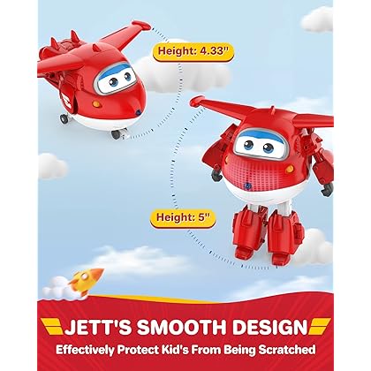 Super Wings Toys, Jett Transformer Toys 5 Inch, Airplane Toy for Kids 3-5 Years Old, Transforming from Toy Jet to Robot, Real Mobile Wheels, Birthday Party Supplies for Preschool Boys and Girls Red