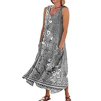 Linen Clothing Floral Dress for Women 2024 Summer Bohemian Print Casual Loose Fit with Sleeveless U Neck Linen Dresses Dark Gray Medium