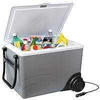 Electric Portable Cooler Plug in 12V Car Cooler/Warmer 36 qt (34 L) w/Wheels,No Ice Thermo Electric portable Fridge for camping,Travel Road Trips Trucking with DC Power Cord,Gray/White.