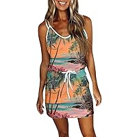 Sundresses for Women 2024 Summer Casual Loose V Neck Mini Dress Fashion Striped Drawstring T Shirt Dress with Pockets