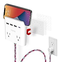 iHome Power Reach Multiple Plug Outlet Extender with 2 Outlets, 4-Port USB Wall Charger (1 USB C, 3X USB A), 6 Ft Extension Cord and Magnetic Wall Mount (Red/Green Cable)