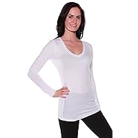 Womens Plain Basic Cotton Blend Deep V Neck T Shirt with Long Sleeves