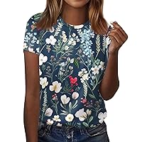 Womens Tops and Blouses Short Sleeve Shirts for Women Floral Print Fashion Pretty Casual Loose with Round Neck Summer Tunic Blouses Dark Green 5X-Large