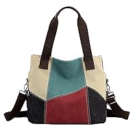 Women's Vinage Color Block Bulk Washable Canvas Tote Bag with Handles, Crossbody Strap, Daily Essentials Handbag