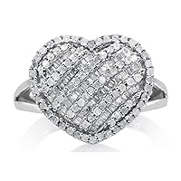 1.00 Cttw Natural White Round & Channel Baguette Diamond Sterling Silver Heart Dome Ring