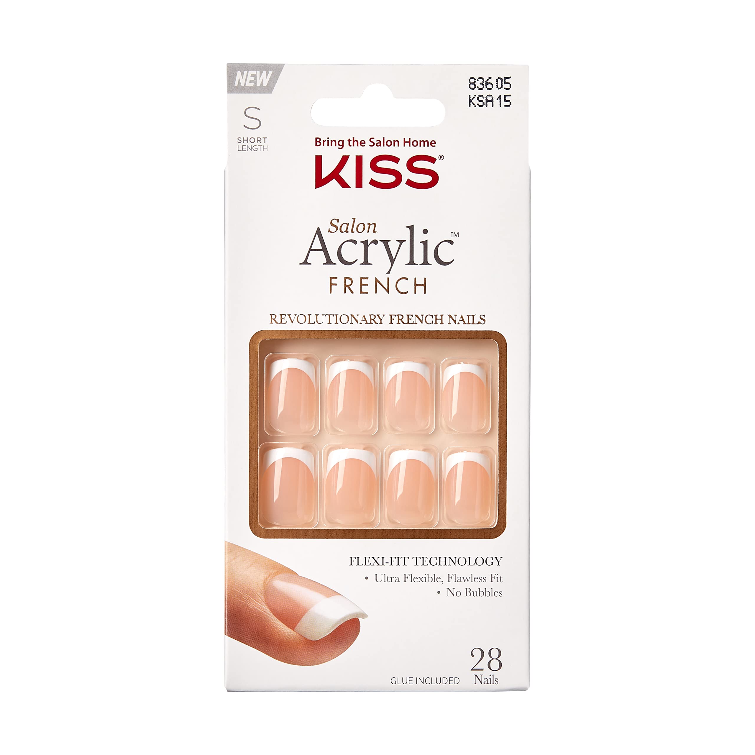 KISS Salon Acrylic Press On Nails, Nail glue included, 'Bonjour', Nude/ White, Short Size, Squoval Shape, Includes 28 Nails, 2g Glue, 1 Manicure Stick, 1 Mini File