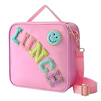 Insulated Lunch Bag With Adjustable Shoulder Strap, Nylon Preppy Lunch Box Large Insulated Lunch Bag Reusable Lunch Tote Bag with Smiley Preppy LunchBag for Girls School Travel Picnic (Pink)