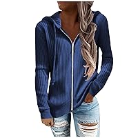 Women's Autumn Winter Rib Knit Long Sleeve Hoodies Zip Up with Drawstring Casual Loose Cardigan Sweater Outwear Coat