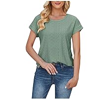 Womens Embroidery Eyelet Blouse T-Shirt Summer Short Sleeve Elegant Loose Fitted Tunic Top O Neck Tee Shirts