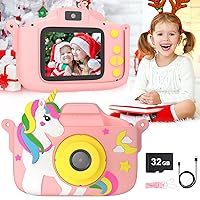 Kids Camera, Toddler Digital Camera for Ages 3-12 Girls, Christmas Birthday Gifts, Kid Selfie 1080P HD Video Camera with Cartoon Sort Silicone Cover, Portable Toy for Toddler with 32GB SD Card (Pink)