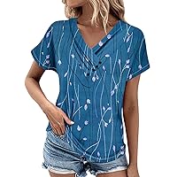 Casual Tops for Women Trendy Trendy Tops for Women 2024 Marble Print Fashion Button Splice Leisure Loose with Short Sleeve V Neck Shirts Blue Large