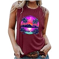 Womens Tank Tops Hawaiian Sleeveless Shirts Summer Beach Vacation Tops Casual Loose Palm Trees Graphic Tees