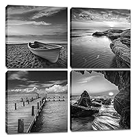 Black And White Beach Wall Decor - 4 Panels Framed Seascape Ocean Rock Bridge Landscape Painting Canvas Wall Art Sunrise Prints Wall Pictures Modern Artwork for Home Office Decoration 12x12inch