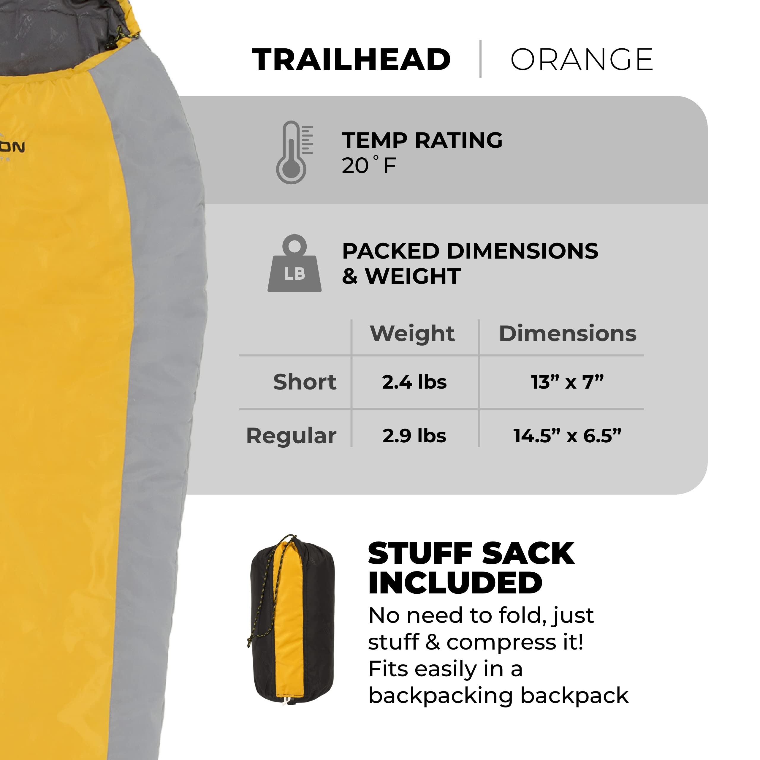 TETON Sports TrailHead Sleeping Bag for Adults; Lightweight Camping, Hiking,Orange/Gray