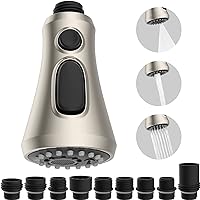 Pull Down Kitchen Faucet Head Replacement with 9 Faucet Adapter Kit Compatible with Kohler/Delta/Moen Faucet Head, 3 Function Kitchen Faucet Sprayer Head Pull Out Spray Head, Brushed Nickel
